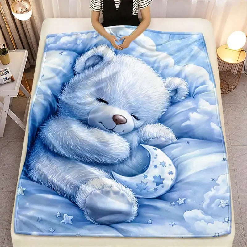 Cute Teddy Portable Blanket - 1-Piece Lightweight Soft Warm Digital Print 2D Flat Fabric Bedding Blanket, Ideal for Travel, Camping