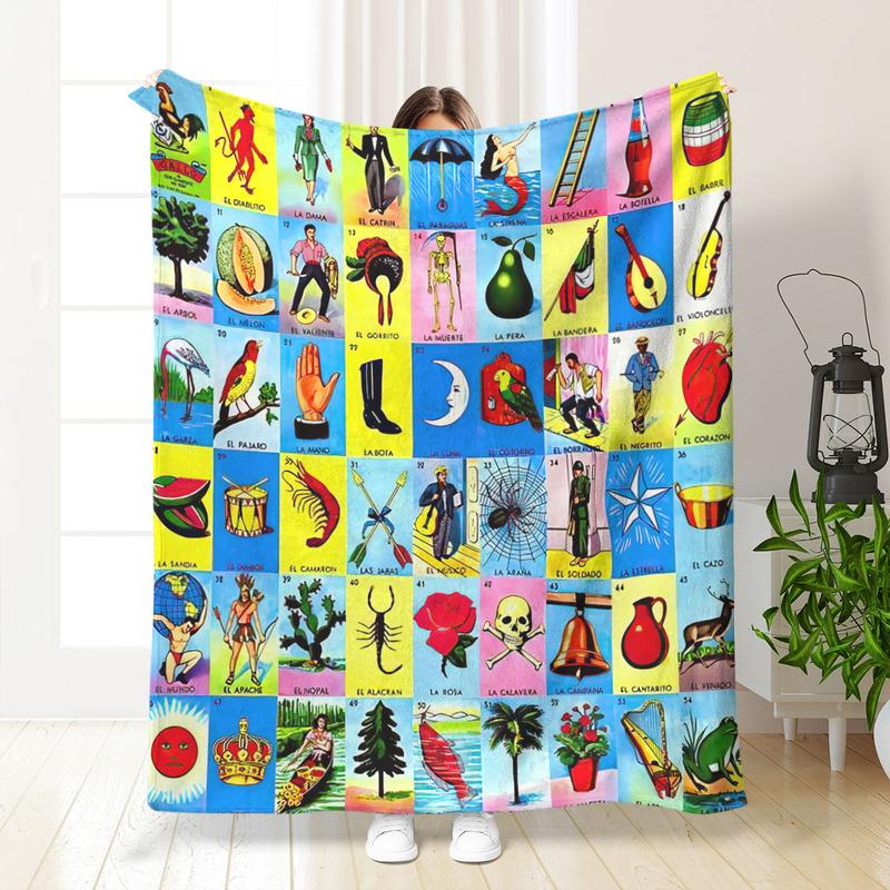 Mexican Loteria Card Pattern Blanket, Soft Flannel Blanket, Cool Bedroom Bedding Blankets, Air-conditioned Room Blanket, Warm Nap Blanket for Home & Office, Flannel Throw Blanket