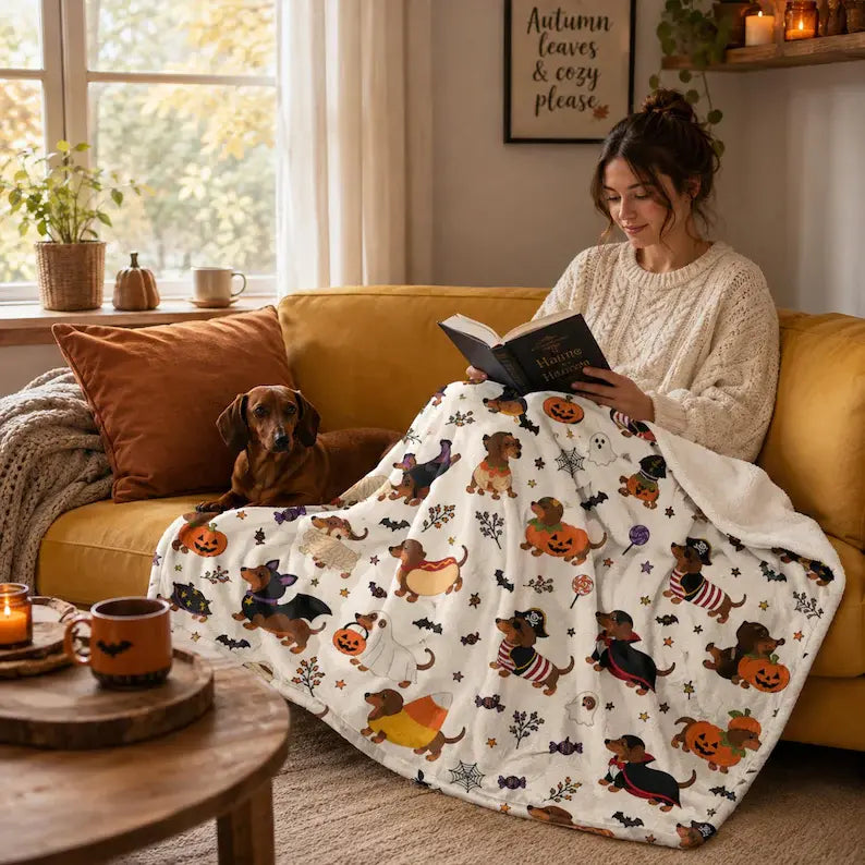 Halloween Dachshund Flannel Blanket Spooky Wiener Dog Throw | Vampire Mummy Ghost Dog Design | Soft Cozy Fall Decor | Gift for Dog Mom & Dachshund Lovers