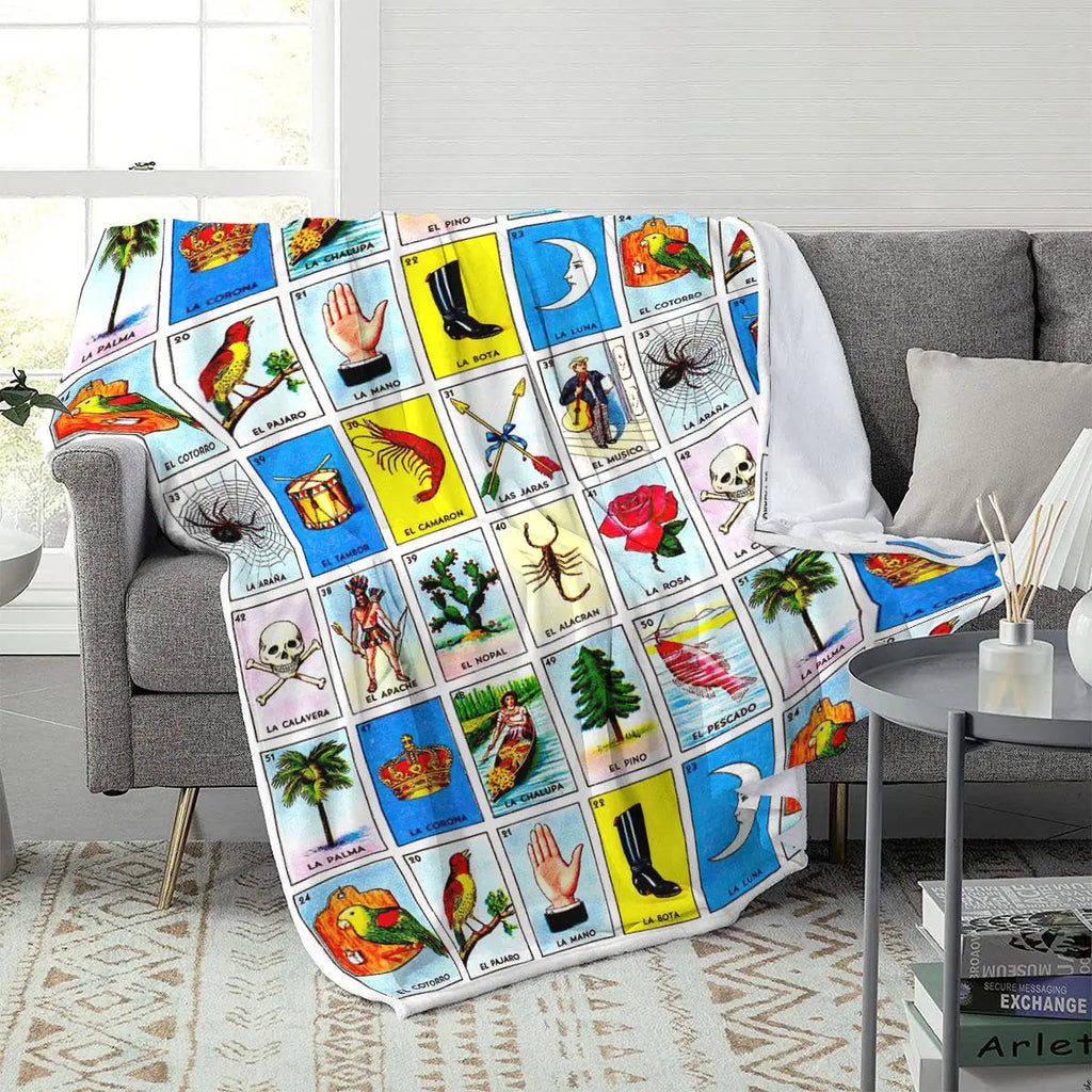 Mexican Loteria Card Pattern Blanket, Soft Flannel Blanket, Cool Bedroom Bedding Blankets, Air-conditioned Room Blanket, Warm Nap Blanket for Home & Office, Flannel Throw Blanket