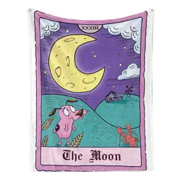 Courage the Cowardly Dog Moon Tarot Card Flannel Fabric Blanket - Quirky Gifts, Multi-Size, Cartoon Head Blankets, Whimsical Tarot Design, Glowing Crescent Moon, Retro Mystical Vibes, Travel-Ready Throw for Room Decor & Cozy Nights
