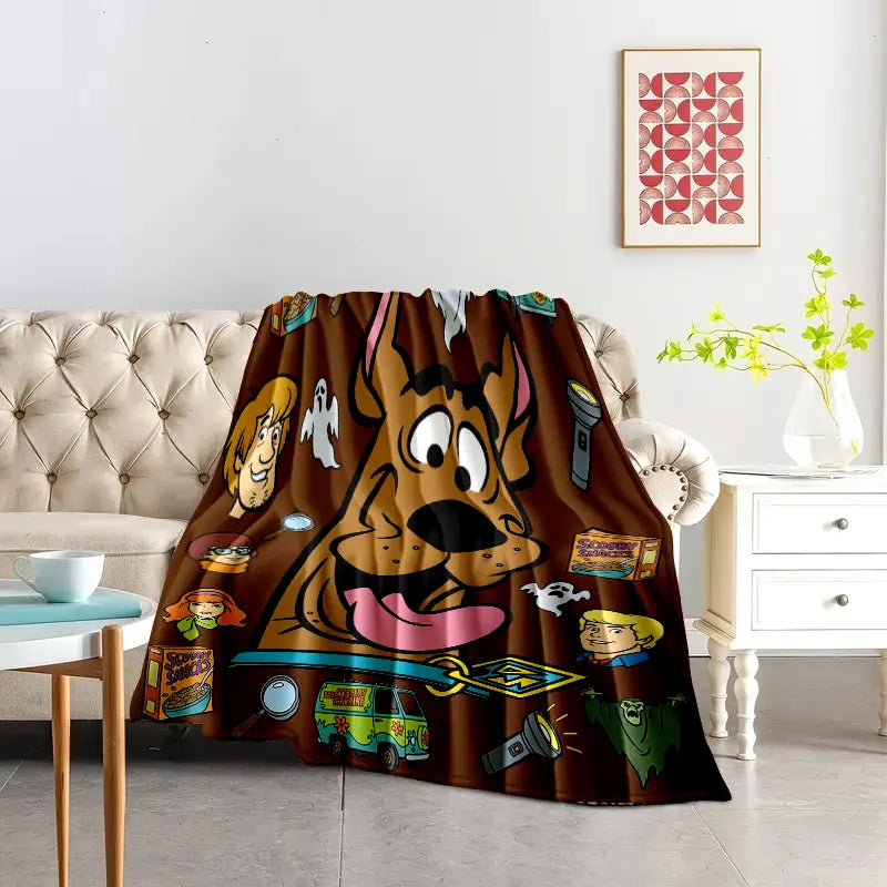 Flash Sale! Scooby-Doo Character-Inspired Flannel Fabric Blanket - Soft Warm Material, Contemporary Cartoon Fun Prints of Mysterious Robots Ghosts Snacks, Home Decor Items, Room Decor, Ideal for Fans