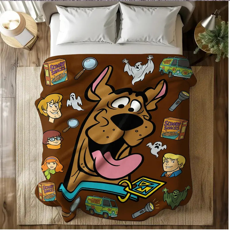 Flash Sale! Scooby-Doo Character-Inspired Flannel Fabric Blanket - Soft Warm Material, Contemporary Cartoon Fun Prints of Mysterious Robots Ghosts Snacks, Home Decor Items, Room Decor, Ideal for Fans