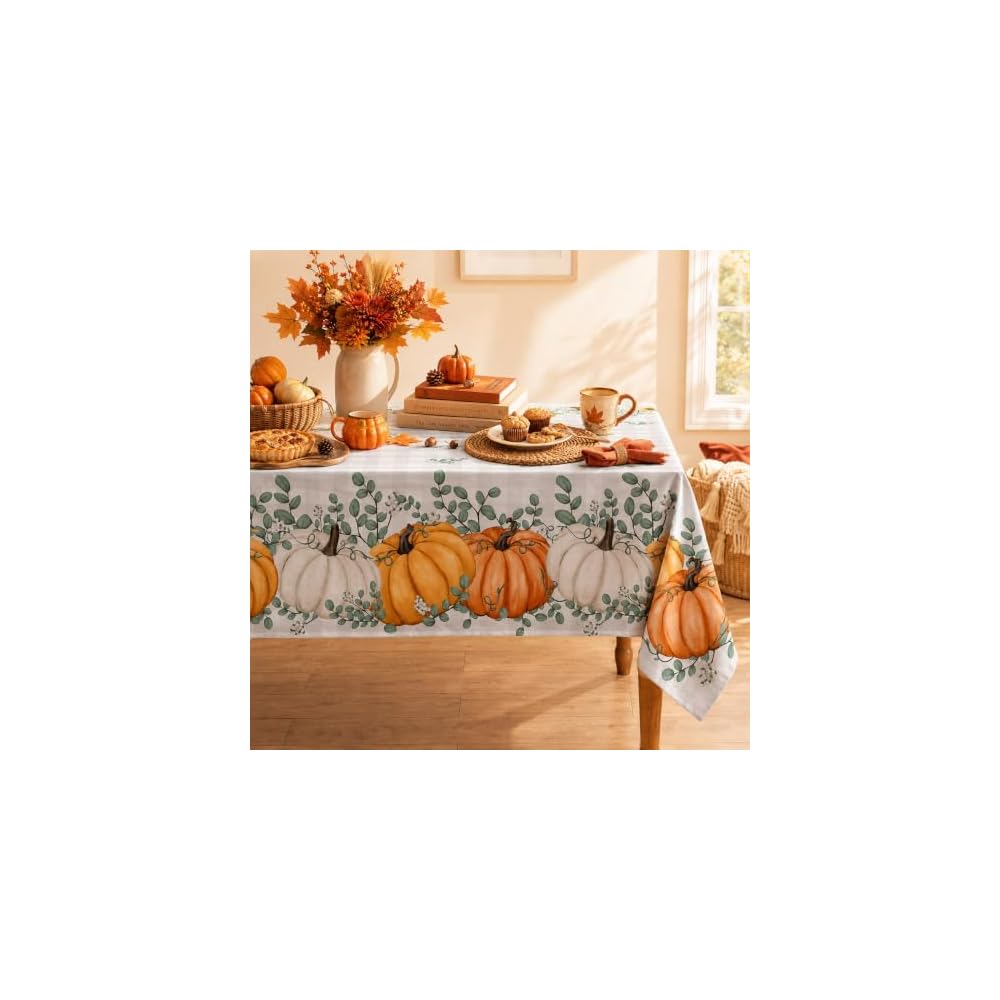 Fall Tablecloth 60x84 Inch Rectangular, Thanksgiving Autumn Harvest Blue Pumpkin Buffalo Plaid Table Cover for Party Picnic Dinner Decor