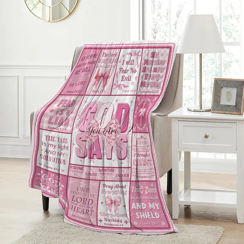 [Summer Sale Deals] God Says I Am Gift Blanket 80"x60" - Christian Pink Bow Bible Verse Soft Blanket Throw for Women, Breathable Warm Gentle Home & Travel Decor, Back to School Baptism Confirmation Catholic Spiritual Birthday Gift