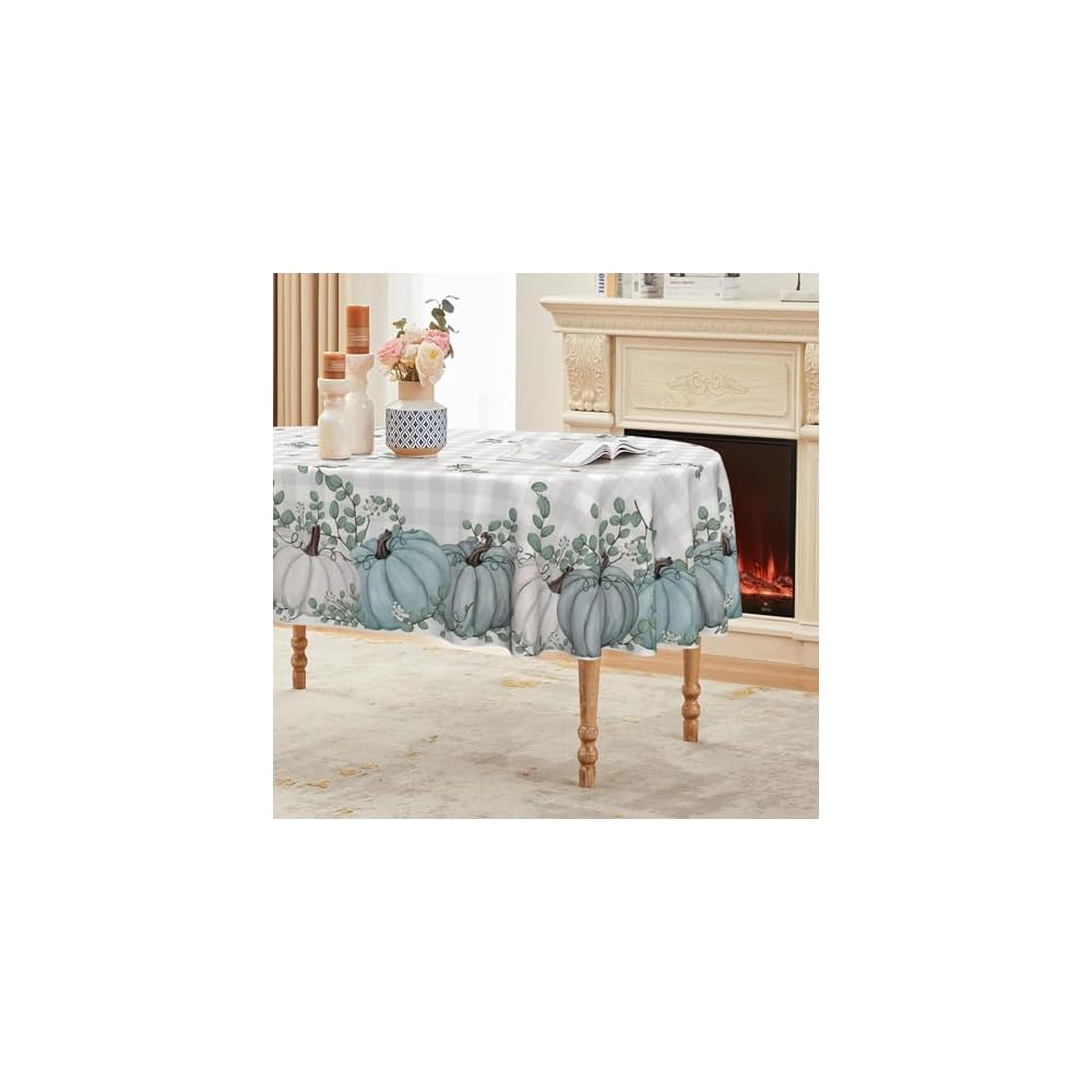 Fall Tablecloth 60x84 Inch Rectangular, Thanksgiving Autumn Harvest Blue Pumpkin Buffalo Plaid Table Cover for Party Picnic Dinner Decor