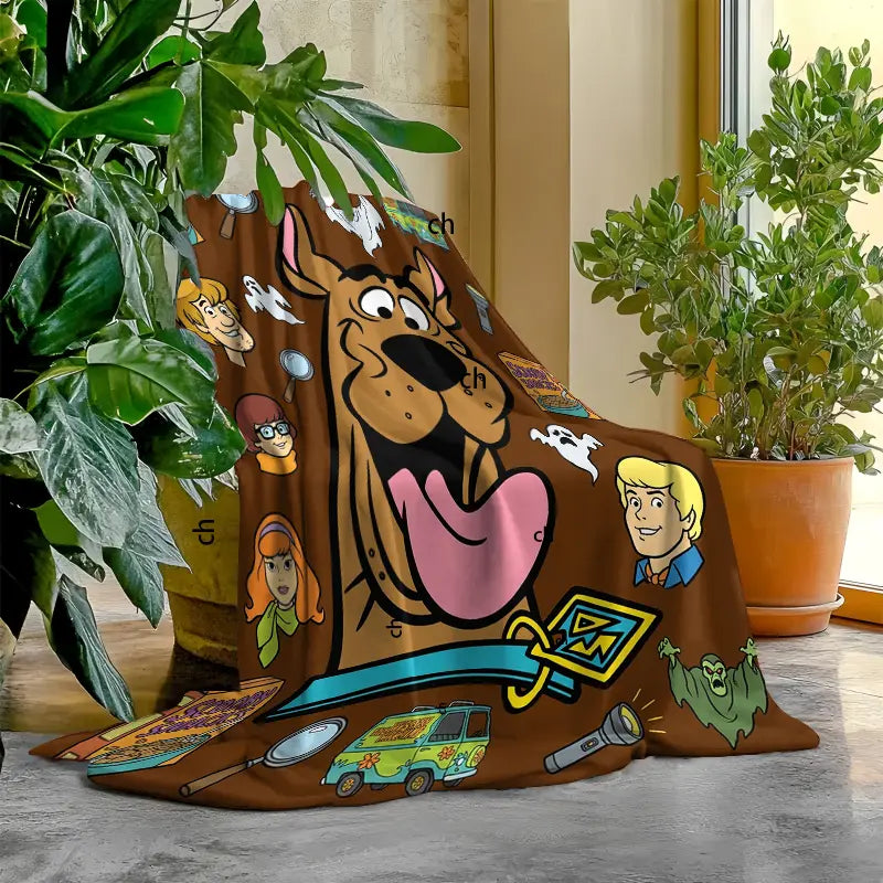 Flash Sale! Scooby-Doo Character-Inspired Flannel Fabric Blanket - Soft Warm Material, Contemporary Cartoon Fun Prints of Mysterious Robots Ghosts Snacks, Home Decor Items, Room Decor, Ideal for Fans