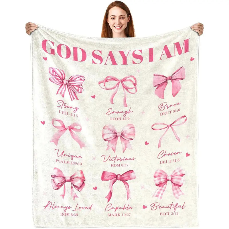 [Summer Sale Deals] God Says I Am Gift Blanket 80"x60" - Christian Pink Bow Bible Verse Soft Blanket Throw for Women, Breathable Warm Gentle Home & Travel Decor, Back to School Baptism Confirmation Catholic Spiritual Birthday Gift
