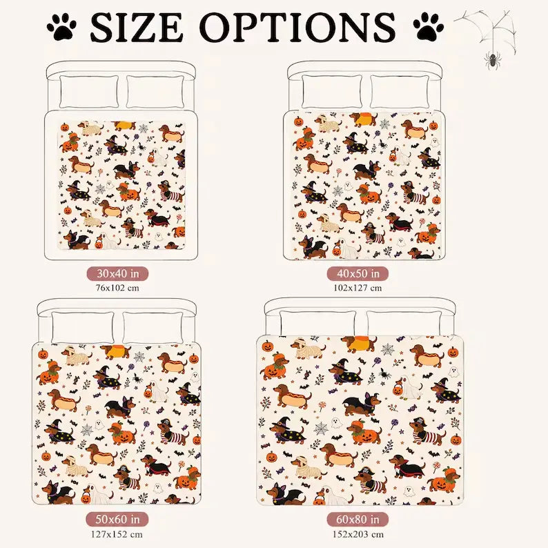 Halloween Dachshund Flannel Blanket Spooky Wiener Dog Throw | Vampire Mummy Ghost Dog Design | Soft Cozy Fall Decor | Gift for Dog Mom & Dachshund Lovers
