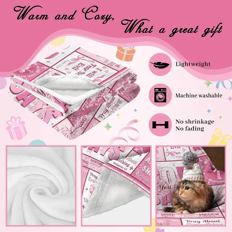 [Summer Sale Deals] God Says I Am Gift Blanket 80"x60" - Christian Pink Bow Bible Verse Soft Blanket Throw for Women, Breathable Warm Gentle Home & Travel Decor, Back to School Baptism Confirmation Catholic Spiritual Birthday Gift