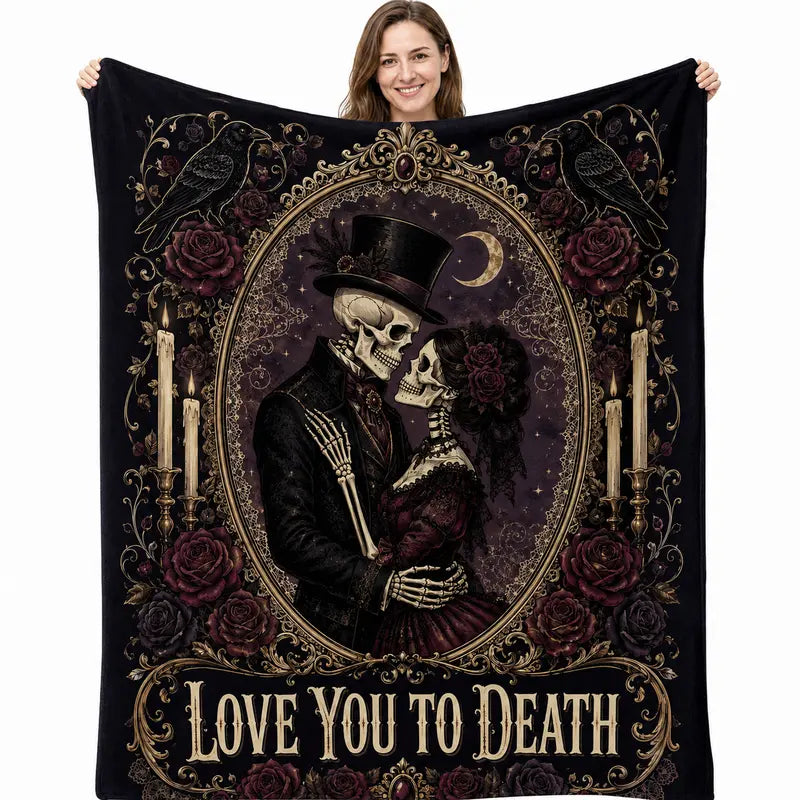 [Back to School] Gothic Couple "Love You to Death" Soft Blanket Vibes 60x80 in, 100% Polyester Vintage Flannel Cozy Together Throw for Teens, Blankets for Bed, Fall Dorm Decor, Halloween Gift