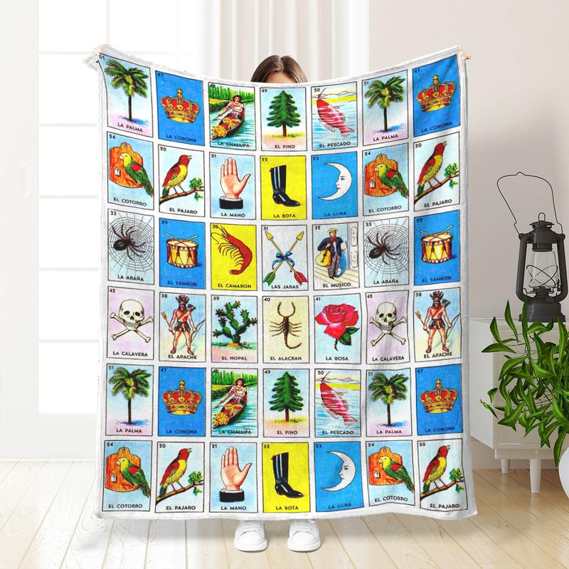 Mexican Loteria Card Pattern Blanket, Soft Flannel Blanket, Cool Bedroom Bedding Blankets, Air-conditioned Room Blanket, Warm Nap Blanket for Home & Office, Flannel Throw Blanket